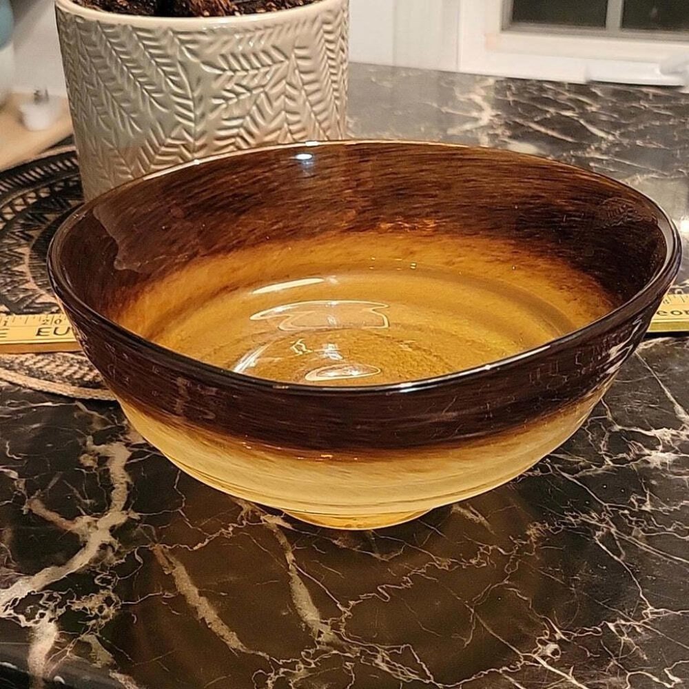 Hand Blown Art Glass Bowl Amber Brown Swirl Centerpiece Decorative Glass Dish
